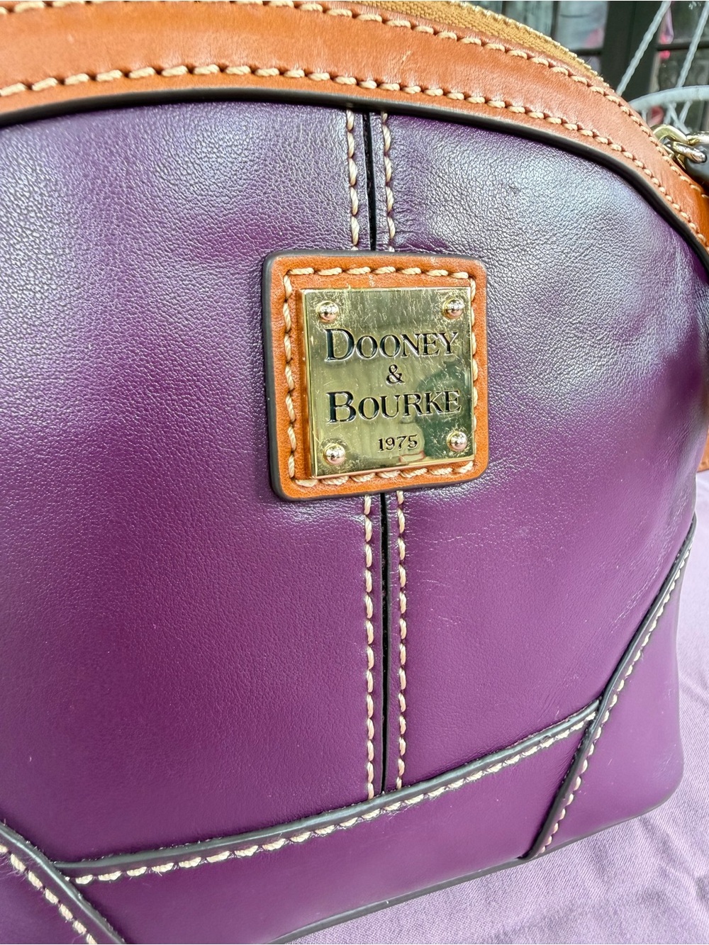 Dooney & Bourke Plum Leather Domed Crossbody with Vachetta Trim and Strap - Picture 3 of 12